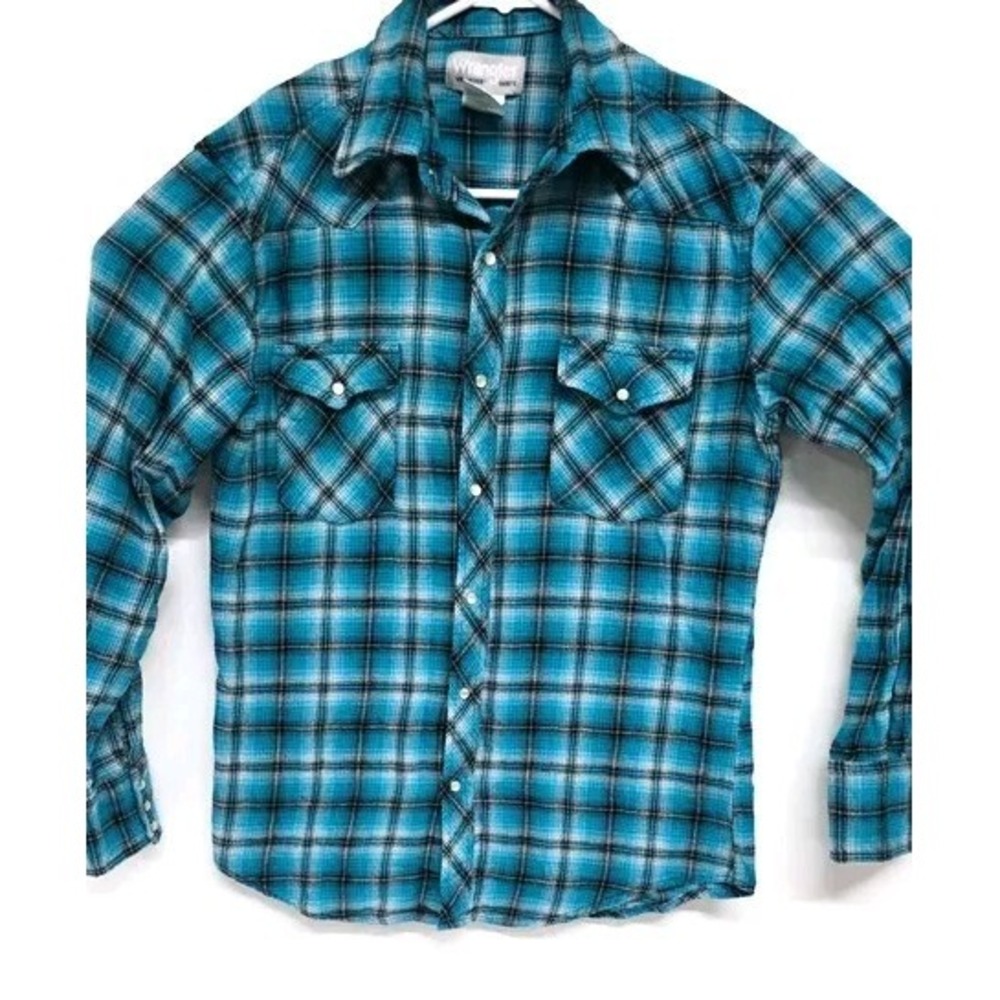Wrangler Wrancher Mens Blue Plaid Pearl Snap Western Shirt M MTSC017